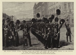 Os Guardas Escoceses Fusileiros Desfilam diante de Sua Majestade a Rainha e o Príncipe Consorte na manhã de seu embarque para a Criméia, 28 de fevereiro de 1854 de George Housman Thomas