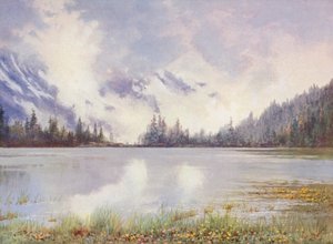 Lac Champex em meio de nuvens no final de maio; Caltha palustris e Primula farinosa à beira da água (litografia a cores) de George Jackson Flemwell
