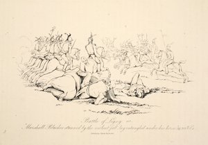 Batalha de Ligny: Marshall Blucher atordoado pela queda violenta estava emaranhado embaixo de seu cavalo, pub J. Booth, 1816