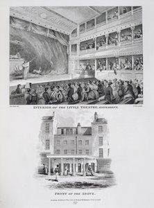 Interior do pequeno teatro, Haymarket em Londres e a frente do acima, gravada por James Stow (c.1770-1820) 1815 de George Jones