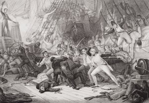 Nelson embarcou no San Josef na Batalha de São Vicente, em 14 de fevereiro de 1797, de "Ilustrações da História Escocesa e Inglesa", Volume II de George Jones