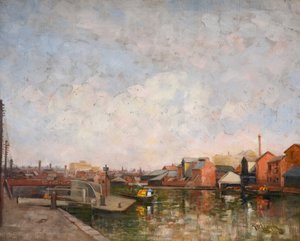 Um bloqueio do canal de Birmingham, 1920-30. Vista do Cambrian Wharf em Ladywood. de George Leonard Leigh