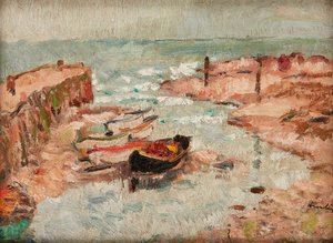 Barcos Encalhados, Baixo Largo (óleo no painel) de George Leslie Hunter