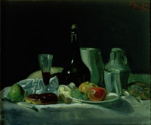 Ainda vida - garrafa e fruta