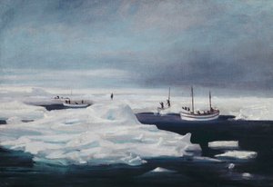 James Caird, Dudley Docker e Stancomb Wills atracados ao bloco de gelo no Mar de Weddell, abril de 1916 de George Marston