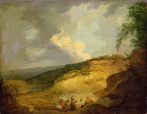 Uma Extensa Paisagem Montanhosa com um Acampamento Cigano em Primeiro Plano (óleo sobre tela) de George Morland