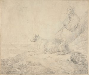 Pescador e cão sentado à beira-mar de George Morland