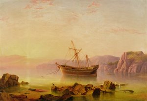 Um, navio, âncora, em, um, baía, em, pôr do sol