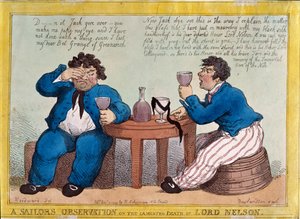 Observação de um marinheiro sobre a lamentável morte de Lord Nelson, gravada por Thomas Rowlandson (1756-1827), publicada por Rudolph Ackermann, em 3 de dezembro de 1805 (gravura colorida)