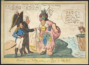 Boney e Talley remendam uma peça para John Bull, pub. 1806 (gravura colorida à mão)