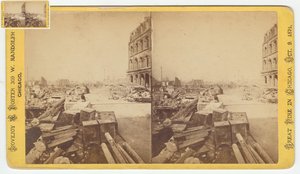 Estereografia de cofres tirados de ruínas na rua Dearborn após o incêndio de Chicago de 1871, 1871 (foto bw no cartão de montagem) de George N. Barnard