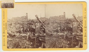 Estereografia das ruínas da Loja de Mamute de Campo & Leiter depois do Incêndio de Chicago de 1871, 1871 (foto bw em montagem de cartão) de George N. Barnard