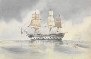 O "Britannia" atracou numa zona calma para receber um barco, provavelmente perto do cabo Cartago, arvorando a bandeira do contra-almirante Dundas, 27 de abril de 1852