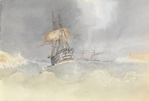 HMS "Trafalgar" navegando para o porto de Malta com a perda da cabeça do leme após um vendaval, 9 de fevereiro de 1852