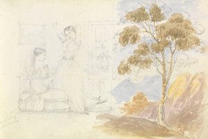 Esboço de duas jovens, uma sentada a ler e a outra a espreguiçar-se e a bocejar (desenhado por Lord Bury) com o desenho de uma árvore ao lado