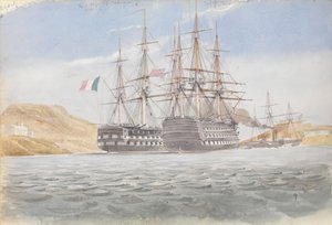 O "Charlemagne" com o "Trafalgar" deixa Port Mahon a reboque do "Firebrand