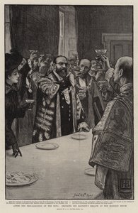 Após a proclamação do rei, bebendo a saúde de sua majestade na mansão de George Percy Jacomb Hood