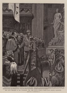 As boas-vindas da cidade no Guildhall, o prefeito agitando as mãos com o coronel Mackinnon de George Percy Jacomb Hood