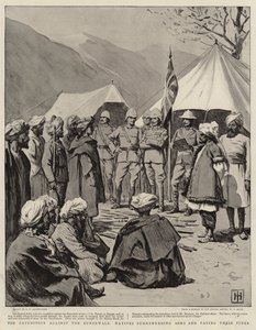 A Expedição contra os Bunerwals, Nativos entregando armas e pagando suas multas de George Percy Jacomb Hood