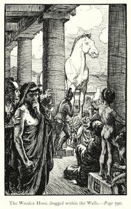 A Ilíada: O cavalo de madeira arrastado dentro das paredes (gravura) de George Percy Jacomb Hood