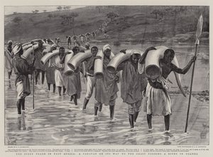 O comércio de marfim na África Oriental, uma caravana a caminho da costa, em um rio em Uganda