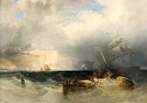 Barcos de pesca franceses em um vendaval ao largo de Dover