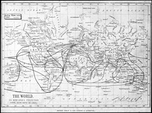 Mapa do mundo mostrando rotas de navegação e cabos telegráficos, c1893