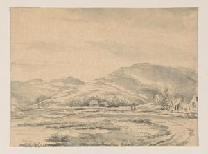 Paisagem montanhosa com algumas casas e um rio à esquerda de George Pieter Westenberg