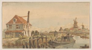 Velas com um barco, uma casa e dois moinhos de George Pieter Westenberg