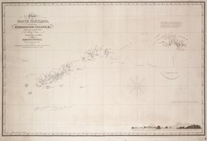 Carta das Shetland do Sul, incluindo a Ilha da Coroação, da exploração do saveiro Dove nos anos de 1821 e 1822 por George Powell, comandante do mesmo de George Powell