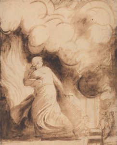 Uma mãe com o seu filho nos braços a voar sobre as muralhas de uma cidade em chamas de George Romney