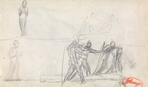 Cena de grupo e dois esboços de uma figura de pé de George Romney