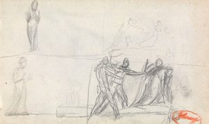 Cena de grupo e dois esboços de uma figura em pé de George Romney