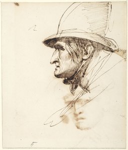 Cabeça de um homem de perfil, usando um chapéu grande de George Romney