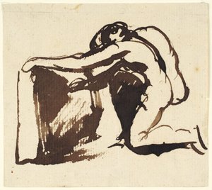 Figura nua, ajoelhada, a escrever numa grande tábua de George Romney