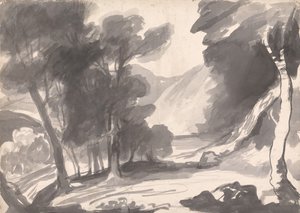 Estudo de paisagem: bosquinho, lago e montanhas de George Romney