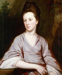 Joan Knatchbull, sentada a meio comprimento, usando um vestido malva e um colar de pérolas, de George Romney