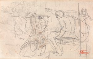 Possivelmente uma figura sentada que pronuncia uma sentença sobre uma figura ajoelhada de George Romney
