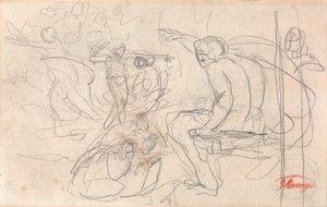 Figura sentada a proferir sentença sobre uma figura ajoelhada de George Romney