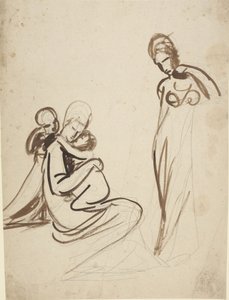 Mulher sentada com duas crianças e uma mulher de pé de George Romney