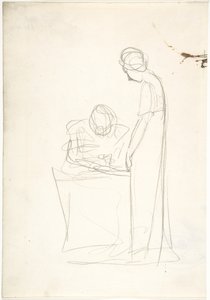 Estudo de duas figuras: uma sentada, a outra de pé (recto). Estudo de uma cabeça voltada para cima (verso) de George Romney