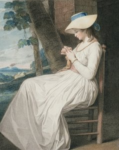 A costureira, gravada por Thomas Cheesman (1760-c.1834), pub. por John e Josiah Boydell, 1787 (stipple engraving) (par de 125533) de George Romney