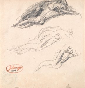 Três esboços de uma figura a dormir, provavelmente Adão e Eva para "Satanás descoberto na orelha de Eva" de George Romney