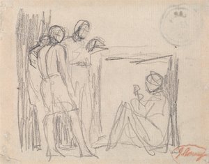 Três figuras de pé diante de uma figura sentada de George Romney