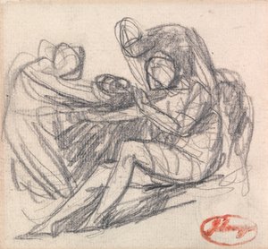 Duas figuras a ajudar uma figura sentada de George Romney