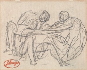 Duas figuras ajoelhadas a lutar com uma figura sentada de George Romney