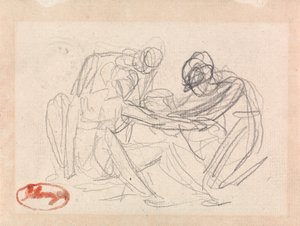 Duas figuras ajoelhadas diante de uma figura sentada de George Romney