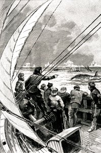 No mar em direcção ao Polo: a tripulação de um navio (veleiro) vê um grupo de baleias. Ilustração do romance de Jules Verne (1828-1905) "" The Ice Sphinx "". de George Roux
