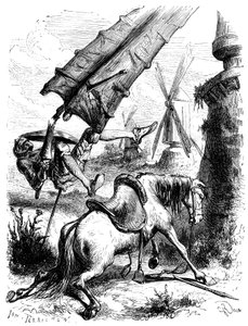 Batalha contra os moinhos: Dom Quixote e Rossinante são atirados ao chão pela asa de um moinho de George Roux
