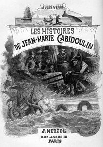 Frontispício do romance de Júlio Verne "Les histoires de Jean-Marie Cabidoulin" (1901), Coleção Hetzel/Extraordiaires, ilustração de George Roux. "Evocação de cenas marítimas: arpoamento de uma baleia, ataque de um navio por uma serpente marinha" de George Roux